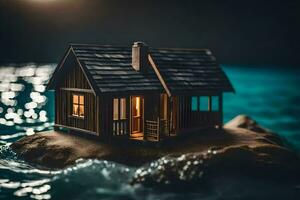 a miniature house on a rock in the ocean. AI-Generated photo