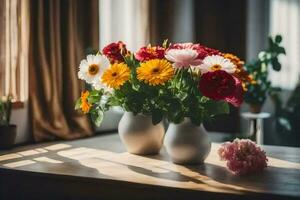 two vases of flowers on a table in front of a window. AI-Generated photo