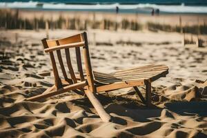 a wooden chair sitting on the sand near the ocean. AI-Generated photo