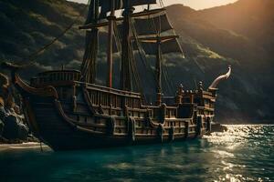 a pirate ship is sailing in the ocean. AI-Generated photo