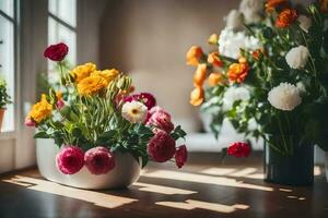 flowers in vase on table in front of window. AI-Generated photo