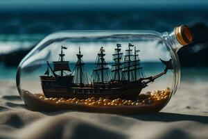 a ship in a bottle on the beach. AI-Generated photo