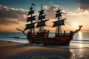 a pirate ship on the beach at sunset. AI-Generated photo