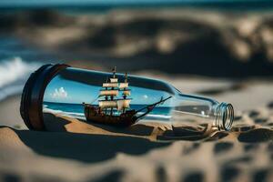 a ship in a bottle on the beach. AI-Generated photo