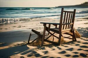 a wooden chair sits on the beach near the ocean. AI-Generated photo