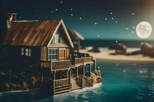 a small house on the beach at night. AI-Generated photo