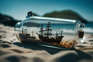 a ship in a bottle on the beach. AI-Generated photo