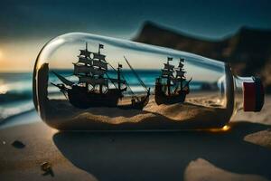 ship in a bottle on the beach. AI-Generated photo