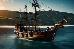 a pirate ship is sailing in the ocean. AI-Generated photo