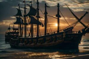 un pirata Embarcacion es en el playa a puesta de sol. generado por ai foto