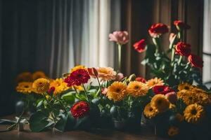 flores en floreros en un mesa. generado por ai foto