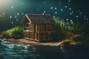 a small house on the shore of a lake. AI-Generated photo