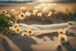 el playa, flores, arena, atardecer, flores, flores en el arena, flores en el. generado por ai foto