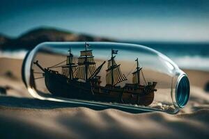 ship in a bottle, sand, beach, sand, sand, beach, sand, beach,. AI-Generated photo