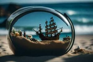 a ship in a glass ball on the beach. AI-Generated photo