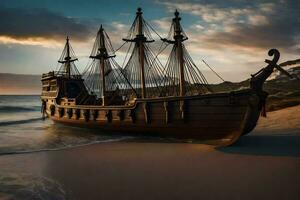 a pirate ship on the beach at sunset. AI-Generated photo