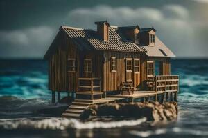 un miniatura casa en el playa con un tormenta en el antecedentes. generado por ai foto