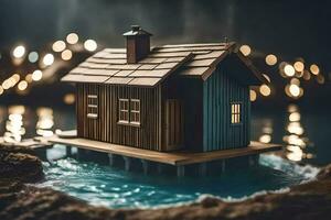 a miniature house on a dock in the water. AI-Generated photo