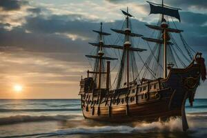 a pirate ship is sailing on the ocean at sunset. AI-Generated photo