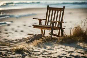 un de madera silla se sienta en el playa cerca el océano. generado por ai foto