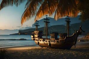 a pirate ship on the beach at sunset. AI-Generated photo