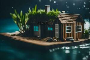 a miniature house floating in the water. AI-Generated photo