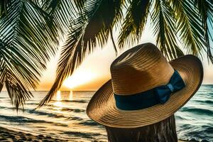 a hat sits on a palm tree at sunset. AI-Generated photo