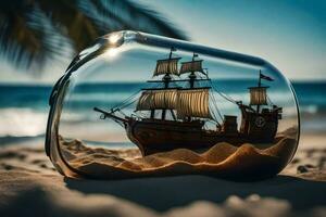 a ship in a bottle on the beach. AI-Generated photo