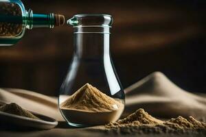 a bottle of brown powder being poured into a glass. AI-Generated photo