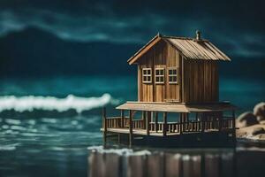 a miniature house on a small island in the ocean. AI-Generated photo
