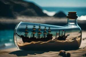 a ship in a bottle on the beach. AI-Generated photo