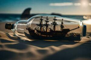 ship in a bottle on the beach. AI-Generated photo