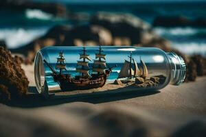 a bottle with a ship inside and a beach in the background. AI-Generated photo