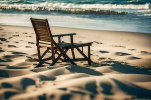 a chair sits on the sand at the beach. AI-Generated photo