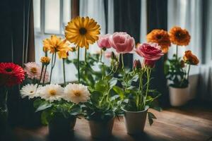 flowers in pots on a windowsill. AI-Generated photo