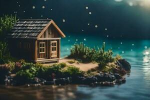 un miniatura casa en un pequeño isla por el agua. generado por ai foto