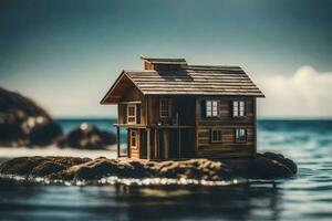 a miniature house on a rock in the ocean. AI-Generated photo