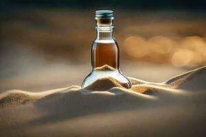 a bottle of wine in the sand. AI-Generated photo