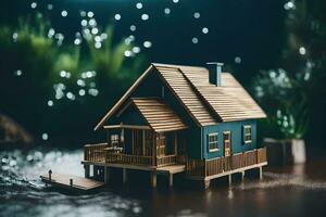 a miniature house on a lake with lights. AI-Generated photo