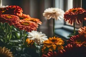 flowers in a vase on a windowsill. AI-Generated photo