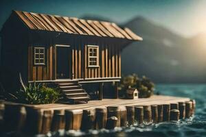 a miniature wooden house on a small island. AI-Generated photo