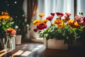 colorful flowers in vases on a table. AI-Generated photo