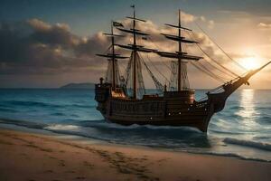 a pirate ship is on the beach at sunset. AI-Generated photo