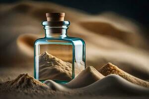 sand in a bottle with sand dunes in the background. AI-Generated photo