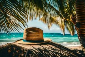 a straw hat on a palm tree on the beach. AI-Generated photo