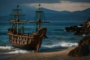 a pirate ship is on the beach near the ocean. AI-Generated photo