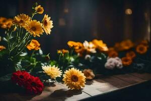 flores en un mesa en un oscuro habitación. generado por ai foto