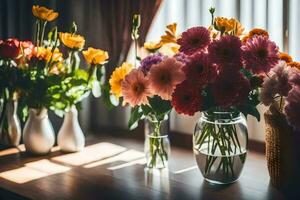 flowers in vases on a table. AI-Generated photo