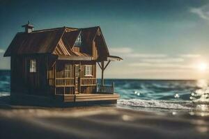 a miniature wooden house on the beach. AI-Generated photo