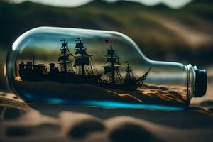 a bottle with a ship inside of it on the beach. AI-Generated photo